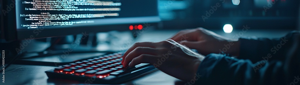 Poster a hackerâ€™s hand typing on a keyboard in a dimly lit room, with a computer screen displaying lines 