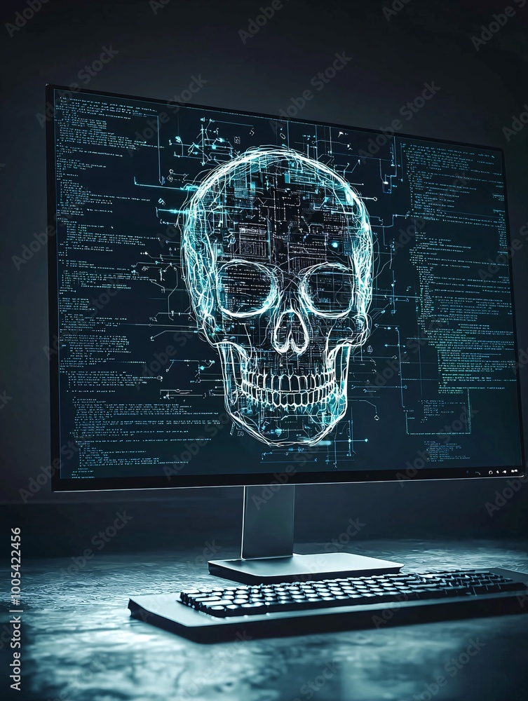 Poster a computer screen displaying a digital skull, representing the concept of a cyber attack, set agains