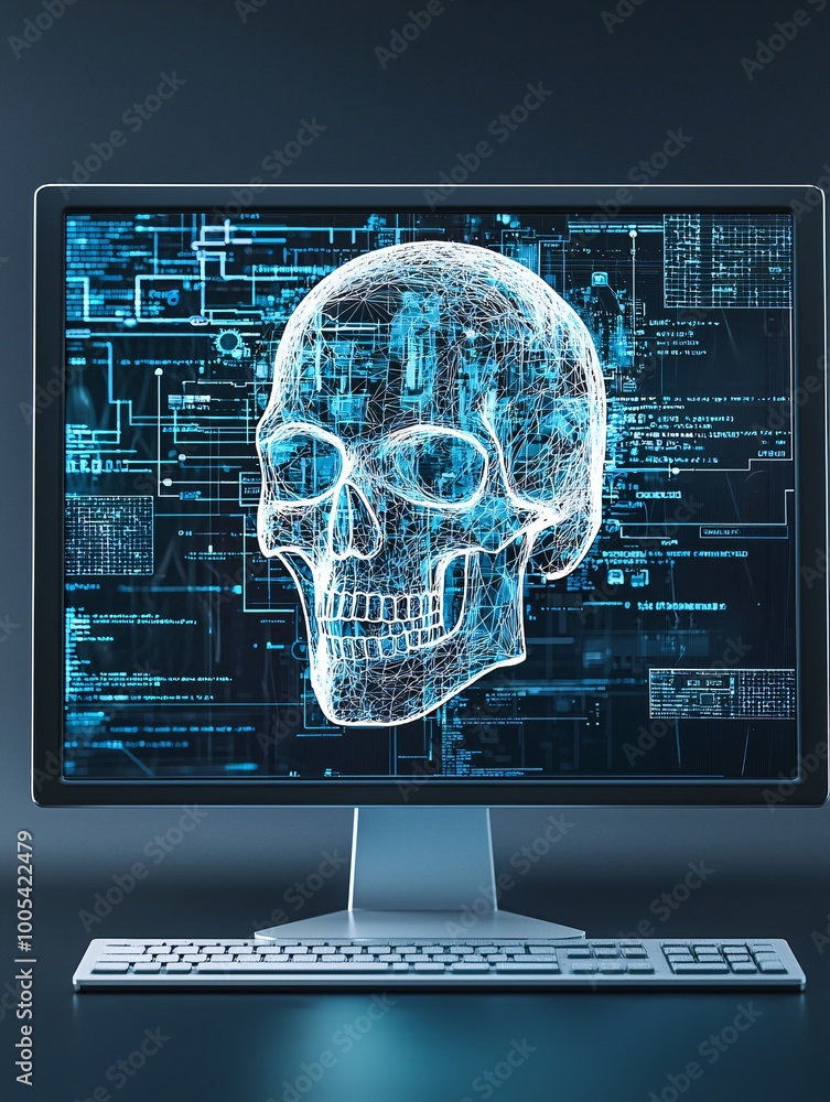 Poster a computer screen displaying a digital skull, representing the concept of a cyber attack, set agains