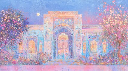 Obraz premium Colorful Dreamlike Building with Floral and Geometric Patterns in a Fantasy Landscape