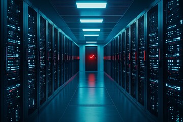 A corporate server room under a blue hue, with one server rack showing a red alert light, symbolizing a detected cyber attack. The scene provides ample copy space for cybersecurity messages.