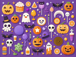 Colorful Halloween clipart featuring pumpkins, ghosts, bats, and candy, creating festive and playful atmosphere perfect for spooky season