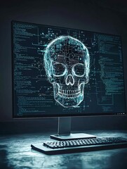 A computer screen displaying a digital skull, representing the concept of a cyber attack, set against a dark, ominous background with generous copy space for additional content.