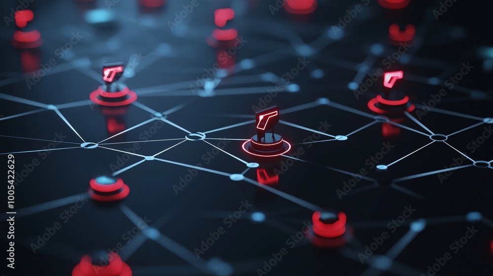 Poster a digital interface with a network map showing a spreading cyber attack, with one node highlighted i