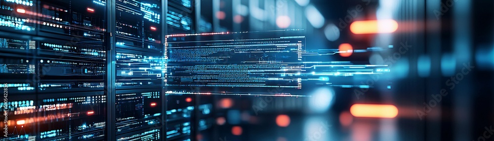 Poster a close-up of a darkened server room with a single screen displaying a cyber attack alert, symbolizi