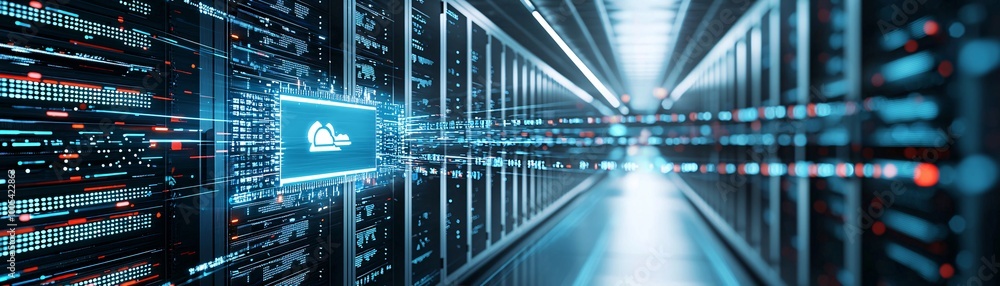 Poster a close-up of a darkened server room with a single screen displaying a cyber attack alert, symbolizi