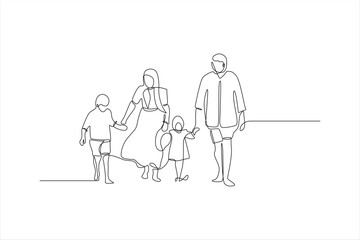 continuous line drawing of a family with two children
