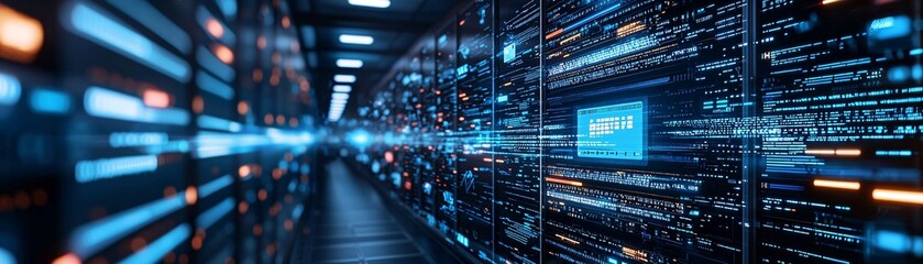 Fototapeta premium A close-up of a darkened server room with a single screen displaying a cyber attack alert, symbolizing the vulnerability of digital infrastructure. The image includes substantial copy space for text