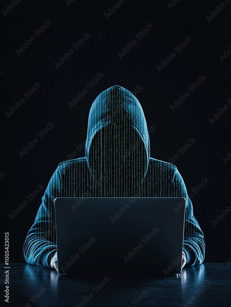Poster a hacker's silhouette typing on a laptop in a dark room, with code and security breach alerts on the