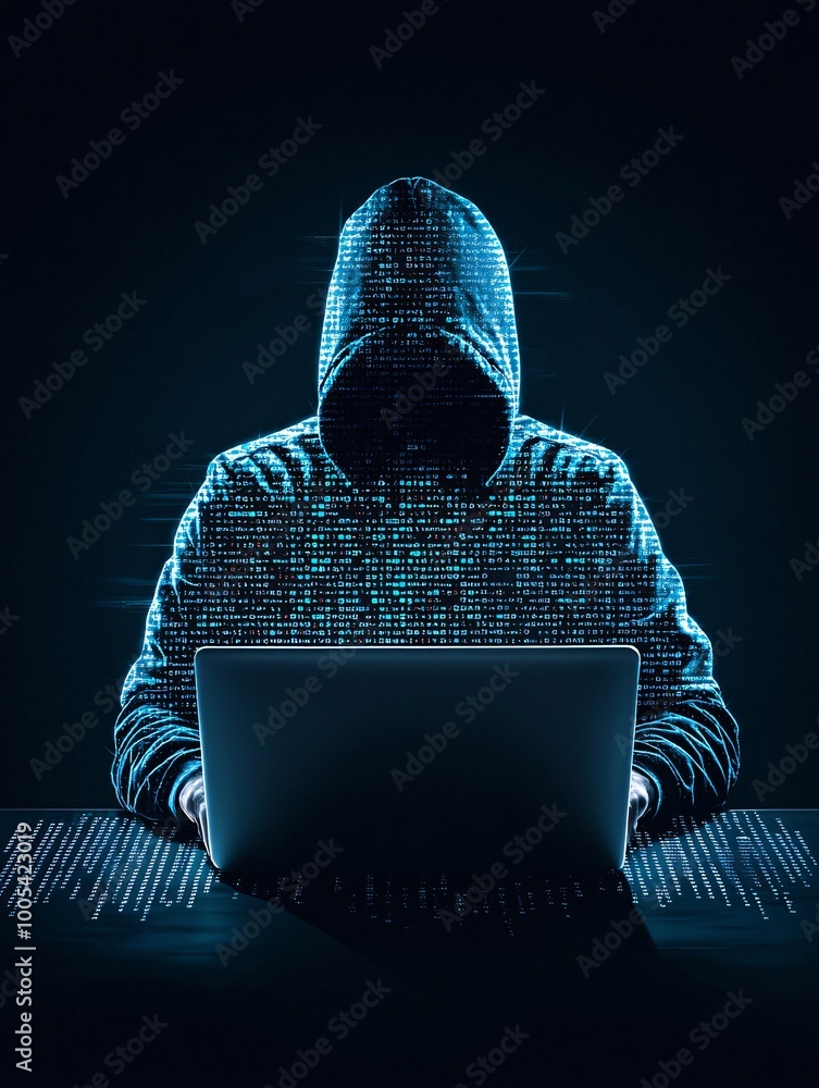 Poster a hacker's silhouette typing on a laptop in a dark room, with code and security breach alerts on the
