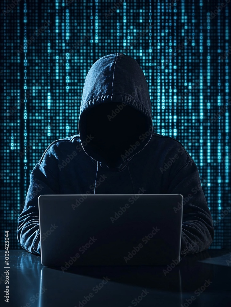 Poster a hacker's silhouette typing on a laptop in a dark room, with code and security breach alerts on the