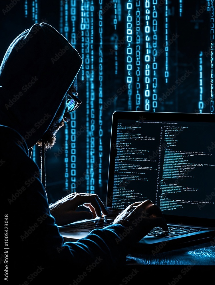 Poster a hacker's silhouette typing on a laptop in a dark room, with code and security breach alerts on the
