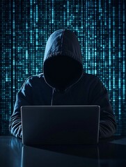 A hacker's silhouette typing on a laptop in a dark room, with code and security breach alerts on the screen. The scene is arranged with significant copy space for text or branding.