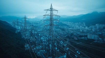 Power transmission towers over urban landscape, digital network concept