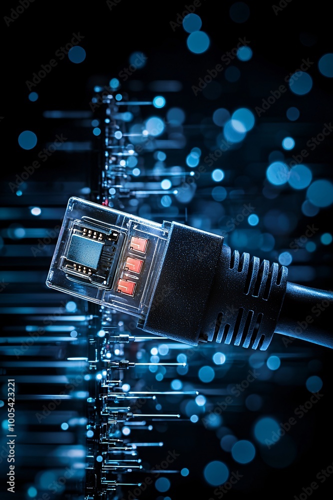 Poster a network cable unplugged from a server rack, symbolizing a security response to a cyber attack, wit