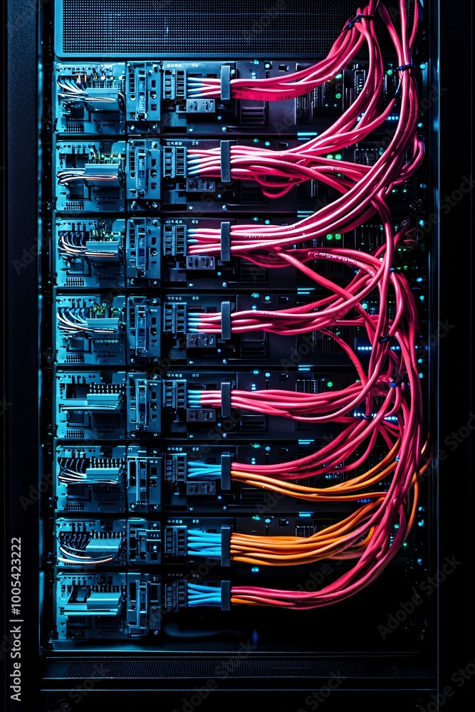 Poster a network cable unplugged from a server rack, symbolizing a security response to a cyber attack, wit