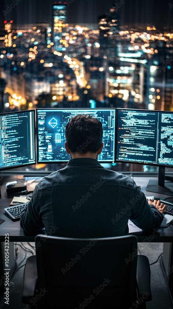 Poster a professional working at a desk with multiple monitors, one of which shows a flashing alert about a
