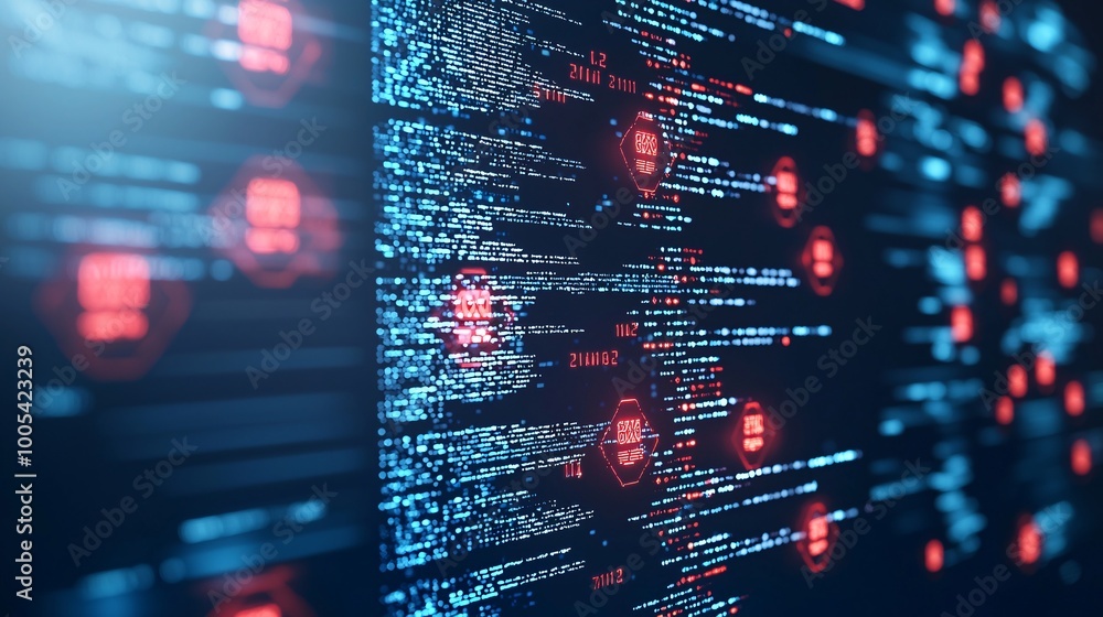 Poster a close-up of a computer screen displaying red warning signs and code, indicating a cyber attack in 