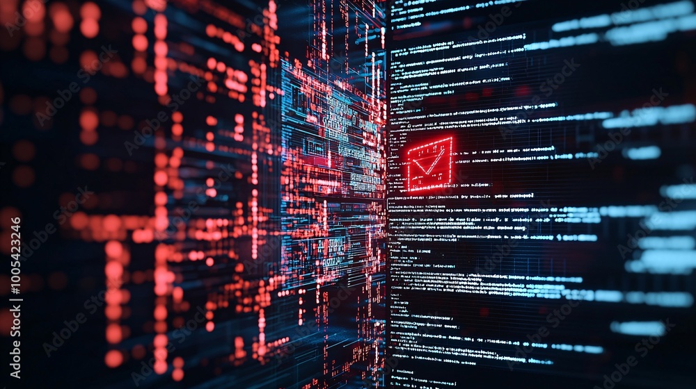 Poster a close-up of a computer screen displaying red warning signs and code, indicating a cyber attack in 
