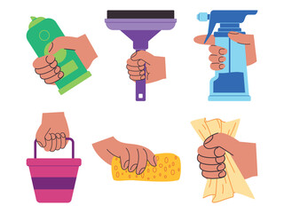 Cleaning tool window wiper squeegee sponge spray bottle towel rag bucket hand holding house cleaner tool household chore work design set collection cartoon
