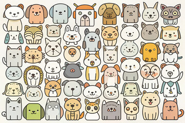 Cute and colorful collection of flat pet illustrations featuring various animals like cats, dogs, and more, all set against light background, perfect for pet lovers