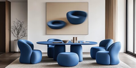Modern minimalist dining room, large abstract canvas art, blue and beige tones, round blue dining table, curved blue upholstered chairs, circular blue ottoman, light wood floors, white walls, natural 