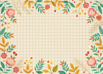Floral border design featuring colorful flowers and leaves on grid background, perfect for invitations or stationery. vibrant colors and natural elements create cheerful atmosphere