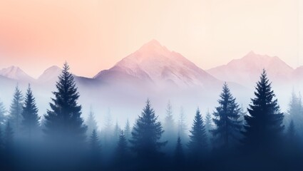 Obraz premium Soft mountain silhouettes emerge through a dreamy fog, with evergreen trees creating a harmonious foreground backdrop. The scene radiates calmness and tranquility, bathed in gentle light.