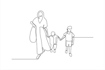 Continuous line drawing of a mother and her two children