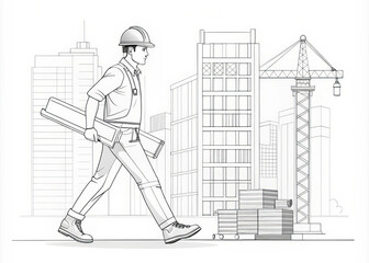 construction worker walks confidently with blueprints in hand, surrounded by bustling cityscape and construction site. His focus and determination reflect hard work of industry