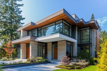 Obraz premium Modern Luxury Home with Expansive Windows and Lush Greenery