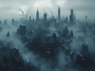 Foggy Cityscape - Urban Skyline with Smoke and Clouds