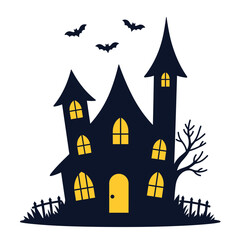 Colorful Haunted House Illustration with Bats – Ideal for Halloween Designs