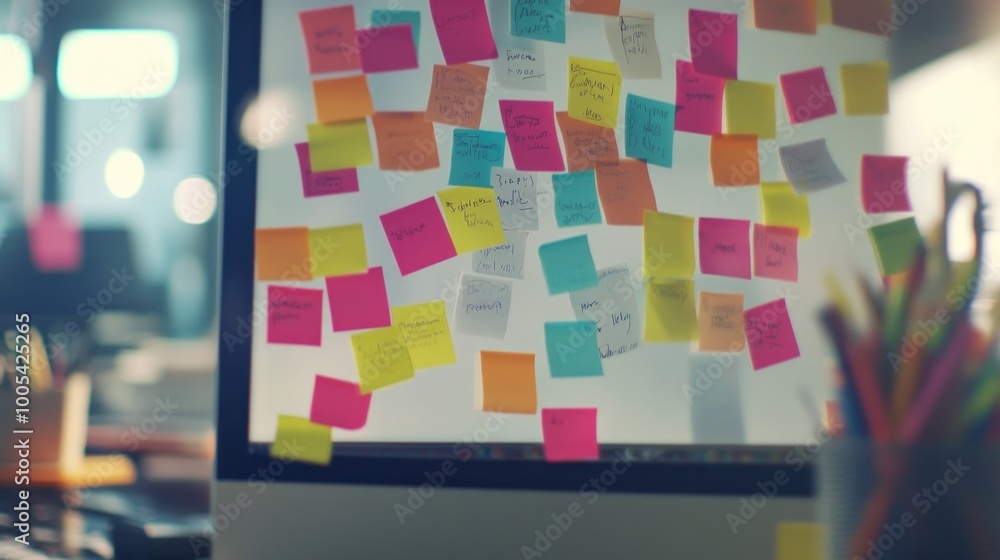 Poster a computer screen covered in colorful sticky notes for brainstorming and organization.