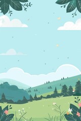 Obraz premium A whimsical cartoon landscape featuring rolling hills, trees, a blue sky with clouds, and birds flying.