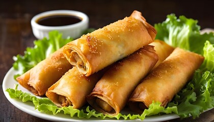 egg rolls in black dish, egg roll food, photorealistic egg rolls: golden and crispy against a pure black background