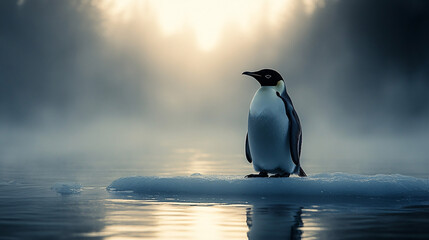 Fototapeta premium lonely emperor penguin standing on iceberg in antarctica - cold, blue, misty, wildlife photography