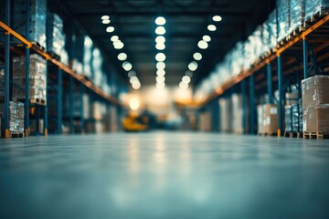 Fototapeta premium Warehouse interior blurred. Empty warehouse without anyone. Old warehouse interior without shelving. Spacious hangar with metal roof. Storage room with forklift. with generative ai