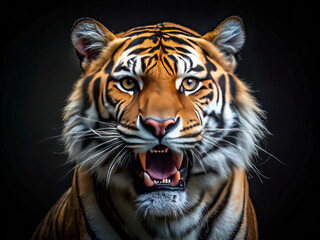 majestic tiger roars fiercely, showcasing its powerful presence and striking features. Its vibrant fur and intense gaze capture essence of this magnificent creature