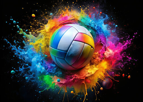 vibrant volleyball surrounded by colorful splashes of paint creates dynamic and energetic scene. explosion of colors evokes excitement and movement, perfect for sports enthusiasts