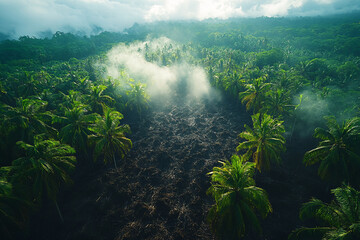 Obraz premium aerial view of lush tropical rainforest with fog and sunlight