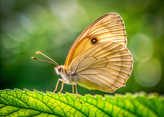 Fototapeta premium delicate beige butterfly rests gracefully on vibrant green leaf, showcasing its intricate wing patterns against soft, blurred background. scene evokes sense of tranquility and beauty in nature
