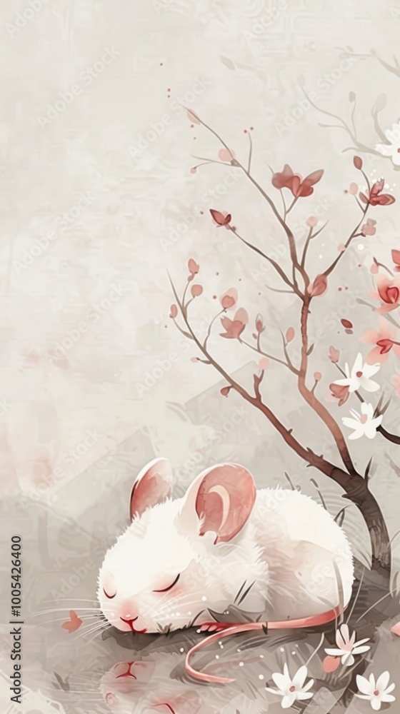Poster a white mouse is sleeping under a tree. the image has a peaceful and calming mood, as the mouse is r