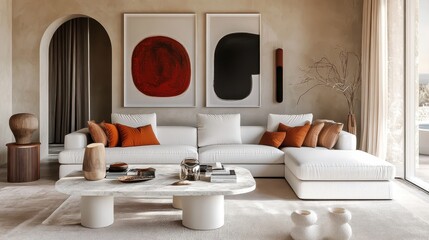 Modern luxurious living room, minimalist design, white sectional sofa, orange accent pillows, round marble coffee table, abstract red and black artwork, arched doorway, floor lamp, beige curtains, neu