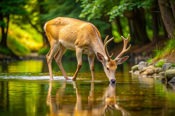 Obraz premium serene scene of deer drinking from tranquil stream, surrounded by lush greenery. peaceful atmosphere and gentle ripples in water create calming effect