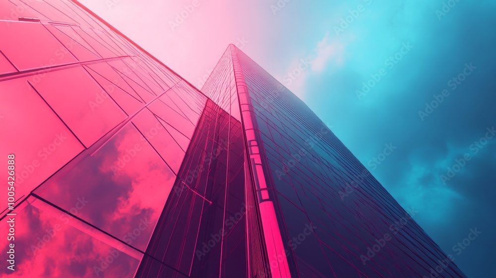 Poster minimalist representation of a synthwave skyscraper, with a focus on simplicity.