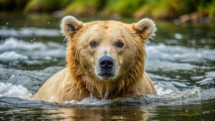 powerful beige bear swimming in river, showcasing its strength and grace in water. serene environment highlights bears natural habitat and beauty
