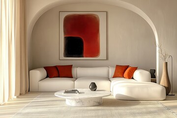 Modern luxurious living room, minimalist design, white sectional sofa, orange accent pillows, round marble coffee table, abstract red and black artwork, arched doorway, floor lamp, beige curtains, neu