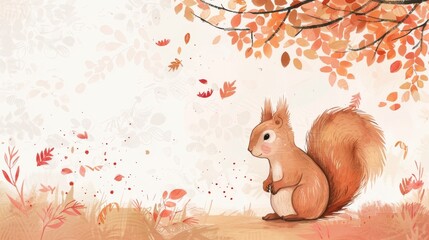 Naklejka premium A squirrel is sitting on the ground in front of a tree with leaves falling. The scene is peaceful and serene, with the squirrel looking up at the leaves as they fall