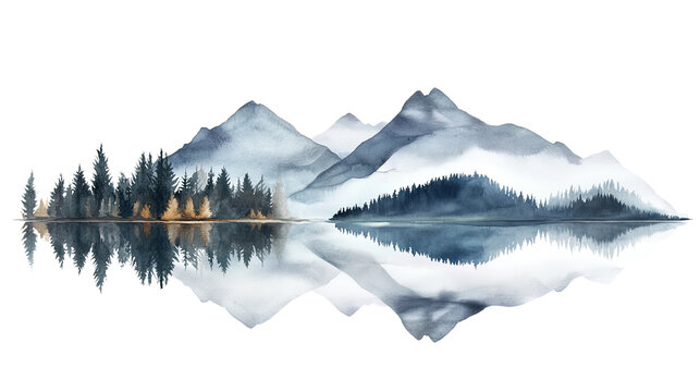 mountain lake with clear reflections on a transparent background